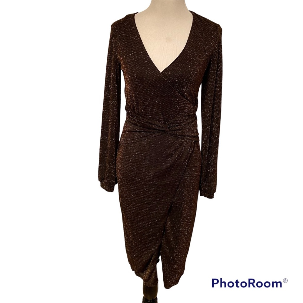 MINKPINK DRESS BODY CON LONG SLEEVE DEEP V-NECK BLACK COPPER METALLIC SIZE S